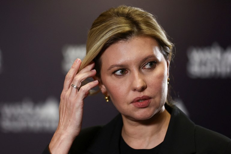 Ukraine's first lady, Olena Zelenska, reacts during an interview with Reuters, at Web Summit, Europe's largest technology conference, in Lisbon, Portugal