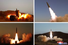 Four pictures of missiles flying blasting off
