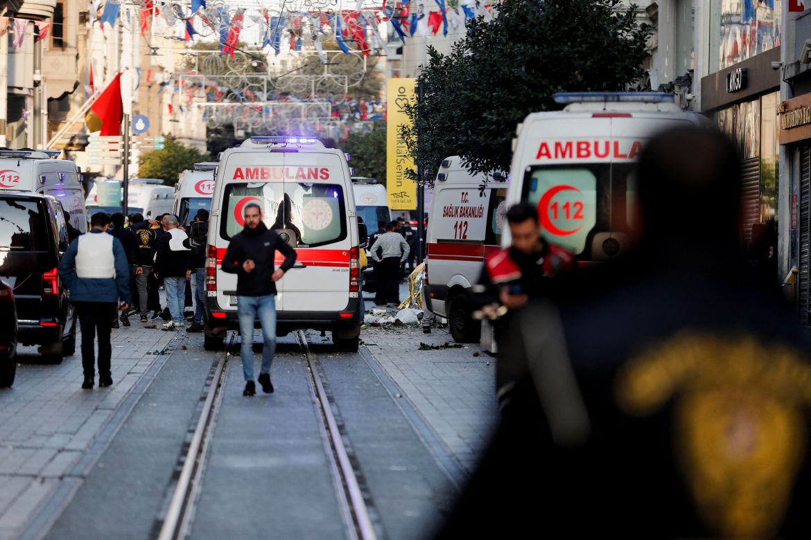 Ambulances and security is seen after an explosion on busy pedestrian Istiklal street in Istanbul.