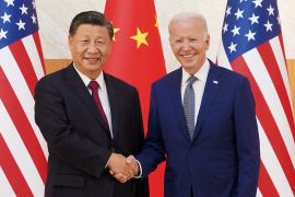 US President Joe Biden shakes hands with Chinese President Xi Jinping as they meet on the sidelines of the G20 leaders' summit in Bali, Indonesia.