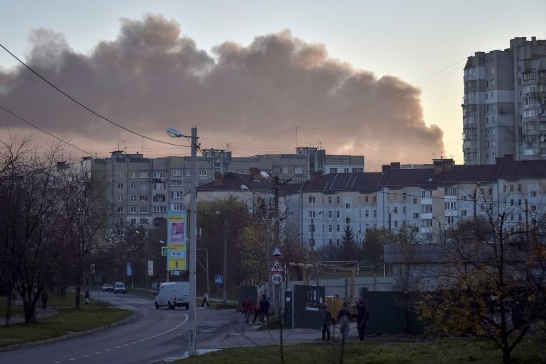 Smoke rises over the city of Lviv, Ukraine, after Russian missile strikes.