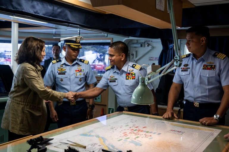 U.S. Vice President Kamala Harris arrives on Philippines Coast Guard ship