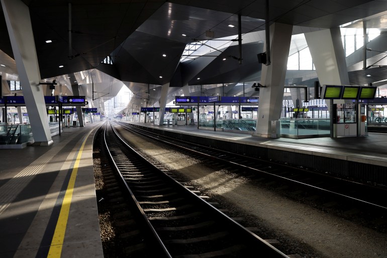 Empty tracks are seen at the central station as Austria's rail workers stage a strike that shuts down all train traffic throughout the country after last minute pay negotiations fell through in Vienna