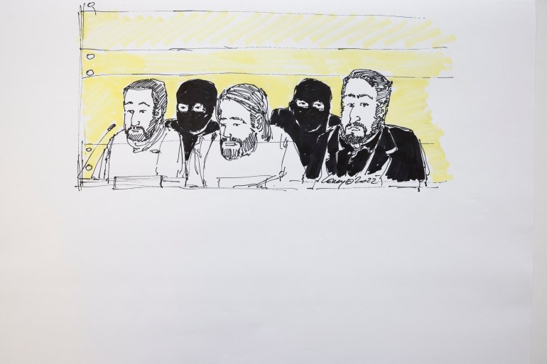 A sketch by court artist Martin Leroy shows the opening of the first day of the trial of 10 people for the attacks at a Brussels metro station and the city's airport in March 2016 that killed 32 people and injured more than 300, in Brussels