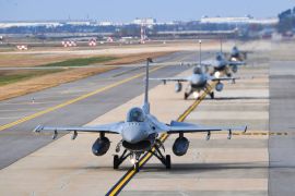 South Korean Air Force KF-16 fighters prepare to take off during a joint aerial drills called Vigilant Storm between U.S and South Korea, in Gunsan, South Korea, on October 31, 2022 [South Korea Defence Ministry via AP]