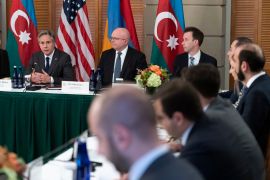 Secretary of State Antony Blinken speaks during a meeting with Azerbaijan's Foreign Minister Jeyhun Aziz oglu Bayramov, and Armenia's Foreign Minister Ararat Mirzoyan at the Blair House in Washington DC