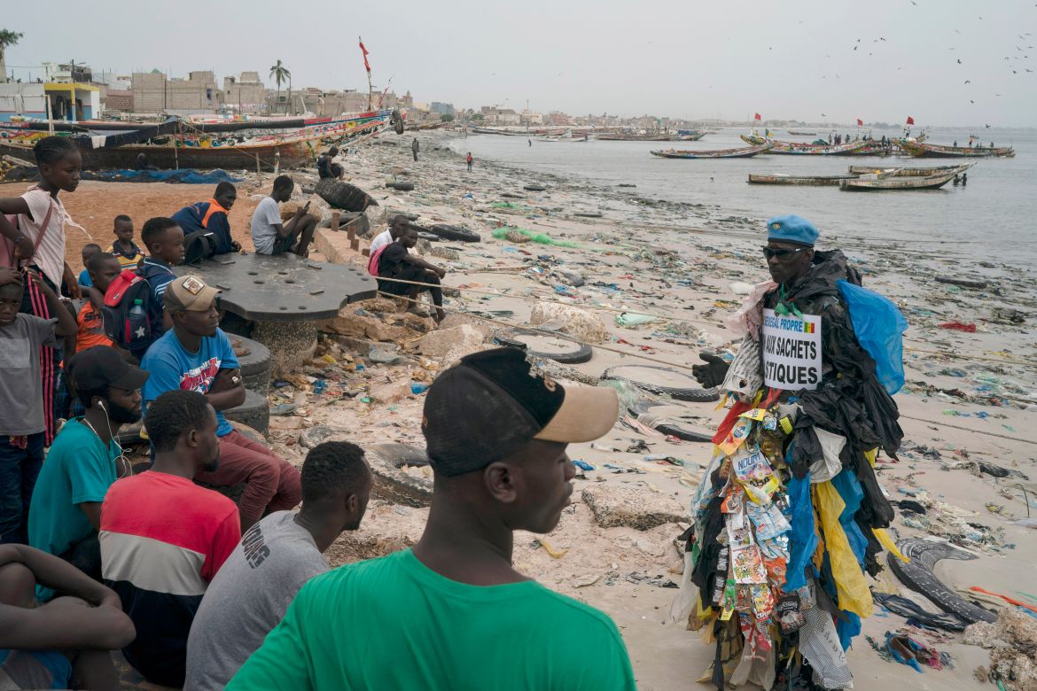 The environmental activist Modou Fall, who many simply call "Plastic Man".