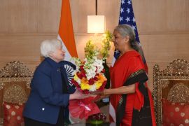 Indian Finance Minister Nirmala Sitharaman, right, welcomes U.S. Secretary of the Treasury Janet L. Yellen before their meeting in New Delhi, India