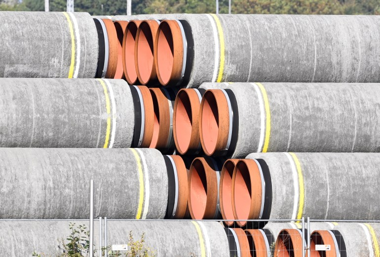A photo of the pipes for the Nord Stream 2 gas pipeline in the Baltic Sea.
