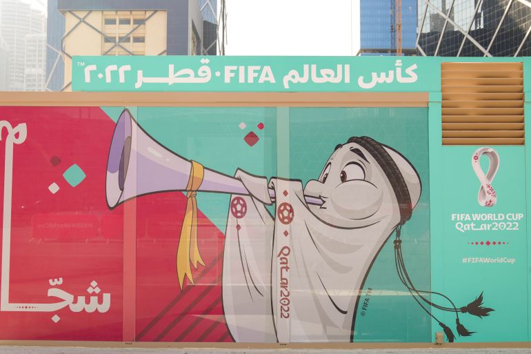 La'eeb, the Official Mascot for this year's FIFA World Cup 2022, on a bus station in Doha's West Bay area, Qatar, Nov 13, 2022 [Sorin Furcoi/Al Jazeera]