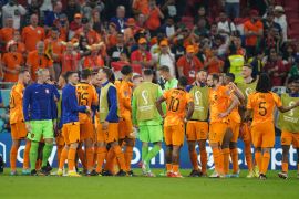 Dutch players celebrate after their victory over Senegal