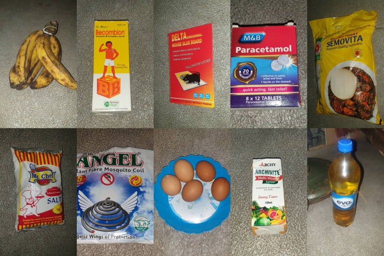 A photo of some of the Jimoh family's purchases over two weeks. With 10 things, some of which are a banana, salt, eggs and cooking oil.