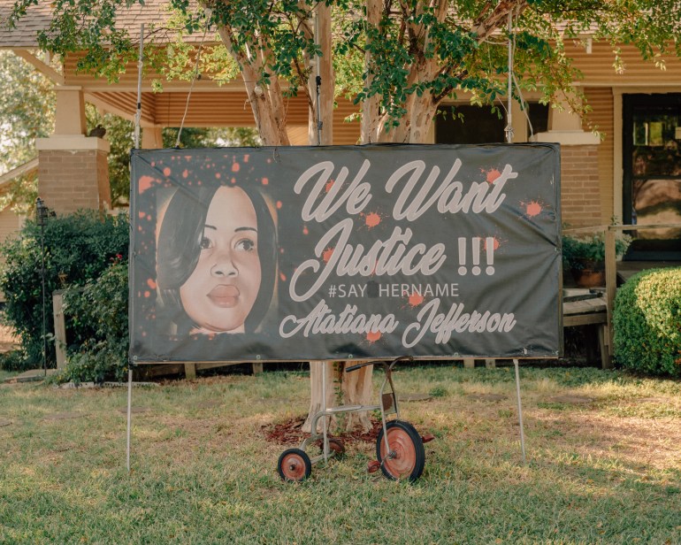 A banner honouring Atatiana Jefferson, in Fort Worth, Texas