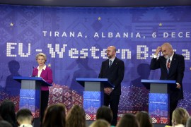 Albania's Prime Minister Edi Rama (R), EU Council President Charles Michel (C) and EU Commission President Ursula von der Leyen