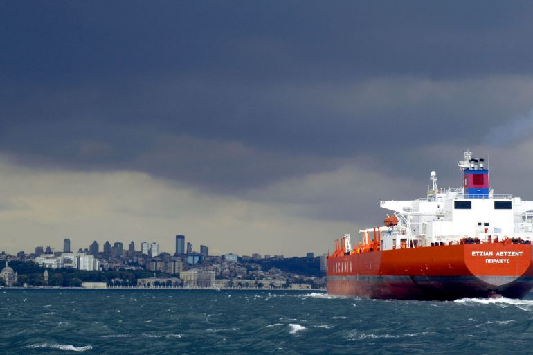 A tanker sails over the Bosphorus