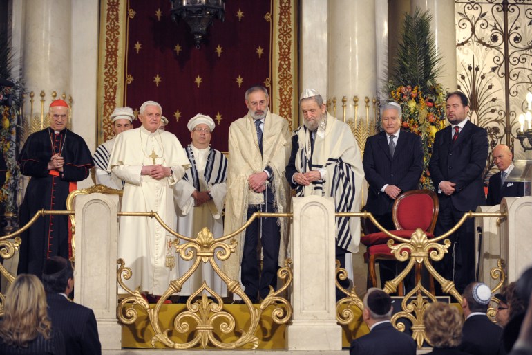 Pope Benedict XVI looks on during his visit at Rome's main synagogue