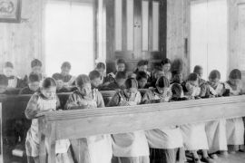 Students sit in a classroom at St Joseph's Convent, otherwise known as the Fort Resolution Indian Residential School in Fort Resolution, Northwest Territories in an undated archive photo.