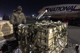 Military aid, delivered as part of the United States' security assistance to Ukraine, is unloaded from a plane at the Boryspil International Airport outside Kyiv
