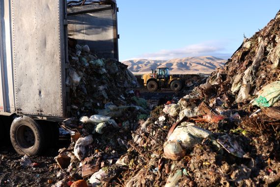 A large truck dumps 45,000 pounds of food waste from the city of San Francisco for processing into compost at Recology Blossom Valley Organics North near Vernalis, California, U.S., November 10, 2022.