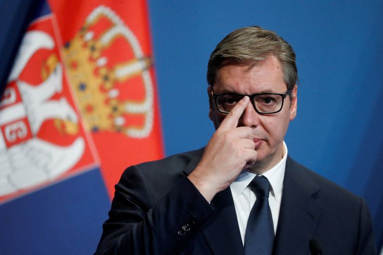 Serbian President Aleksandar Vucic attends a news conference
