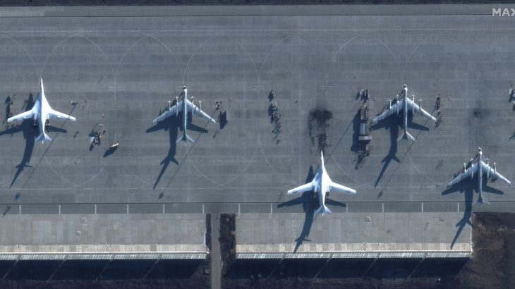 Bombers on the tarmac at the Engels airbase in Russia, seen in a satellite image
