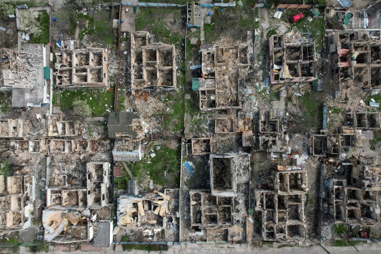 A view shows residential buildings destroyed during Russia’s invasion of Ukraine 