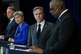 US Secretary of Defense Lloyd Austin speaks at a joint news conference with Australian Deputy Prime Minister and Defense Minister Richard Marles, Australian Foreign Minister Penny Wong and US Secretary of State Antony Blinken looking on.
