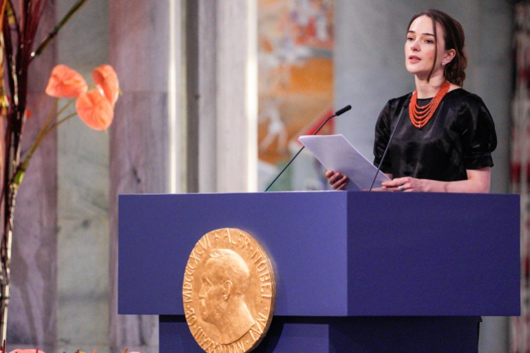 Oleksandra Matviichuk, representing the Ukrainian organisation Center for Civil Liberties (CCL), gives her Nobel Prize lecture during the awarding of the Nobel Peace Prize for 2022 in Oslo City Hall, in Oslo, Norway, December 10, 2022. Rodrigo Freitas/NTB/via REUTERS ATTENTION EDITORS - THIS IMAGE WAS PROVIDED BY A THIRD PARTY. NORWAY OUT. NO COMMERCIAL OR EDITORIAL SALES IN NORWAY.