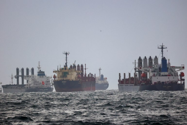 Ships waiting in the Bosphorus for inspection under the UN's Black Sea grain initiative