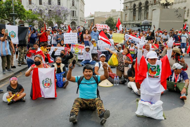 Peruvian protesters demand freedom for removed President Pedro Castillo during a sit-in.