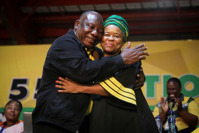 Newly re-elected African National Congress (ANC) President Cyril Ramaphosa congratulates Gwen Ramokgopa, newly elected ANC Treasurer General, at the 55th National Conference of the ruling ANC at the Nasrec Expo Centre in Johannesburg, South Africa, December 19, 2022. REUTERS/Sumaya Hisham