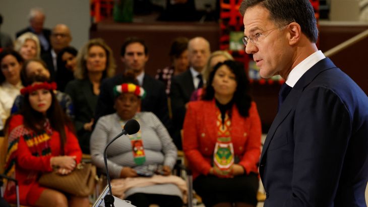 Dutch Prime Minister Mark Rutte apologizes as he responds to recommendations from a panel of experts to accept the role of the Netherlands in the history of slavery and its current consequences in The Hague, Netherlands December 19, 2022. REUTERS/Piroschka van de Wouw