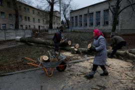 Pilaheia Mykhailivna, 73 puts wood she and her neighbours chopped up from cutting down municipal city trees, into a wheelbarrow, to burn for heat