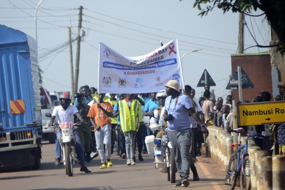 A group of Ugandan citizens march within the events of December 1 World AIDS Day in Kampala