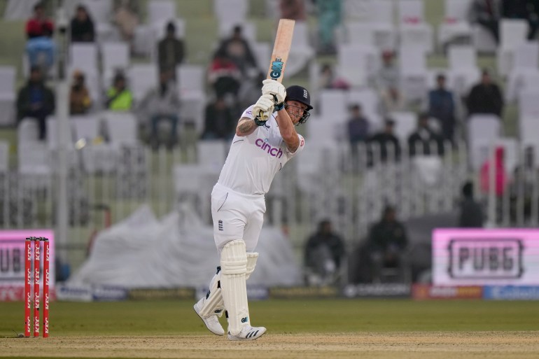 England's Ben Stokes bats during the first day of the first test cricket match between Pakistan and England, in Rawalpindi, Pakistan, Dec. 1, 2022. (AP Photo/Anjum Naveed)