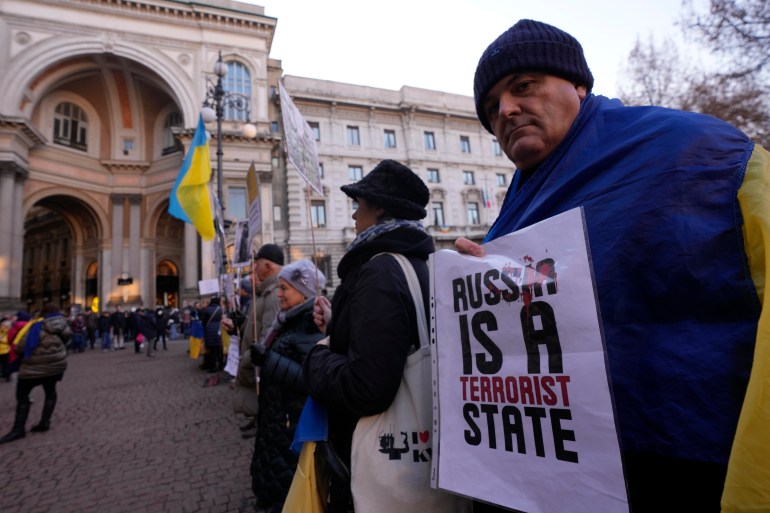 Ukrainian people protest in front of La Scala opera house