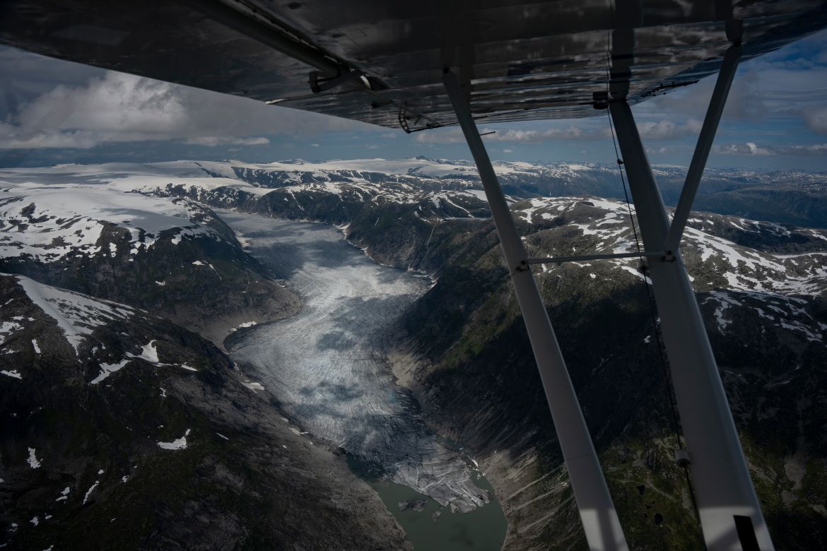 A glacier is seen from Garrett Fisher's plane