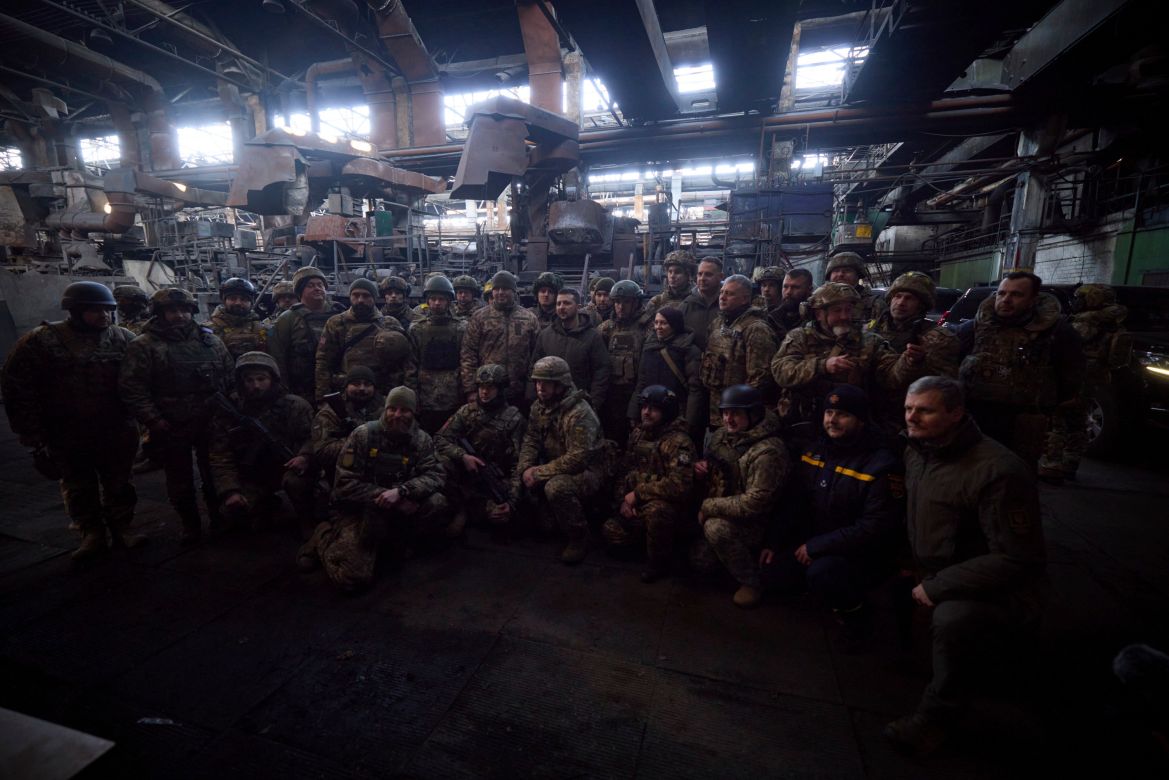 Ukrainian President Volodymyr Zelensky poses for photo with soldiers