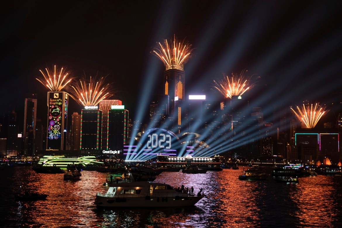 Fireworks are seen over Victoria Harbour.
