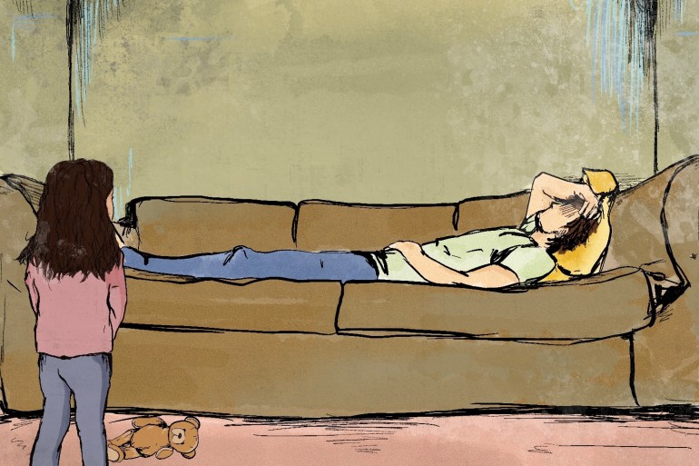 An illustration of a person lying down on a sofa and a child standing next to it, looking at them.