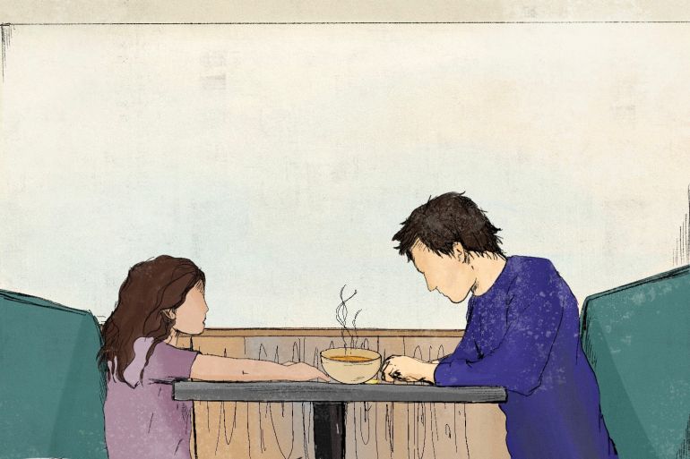 An illustration of two people sitting facing each other with a mug of coffee in between.