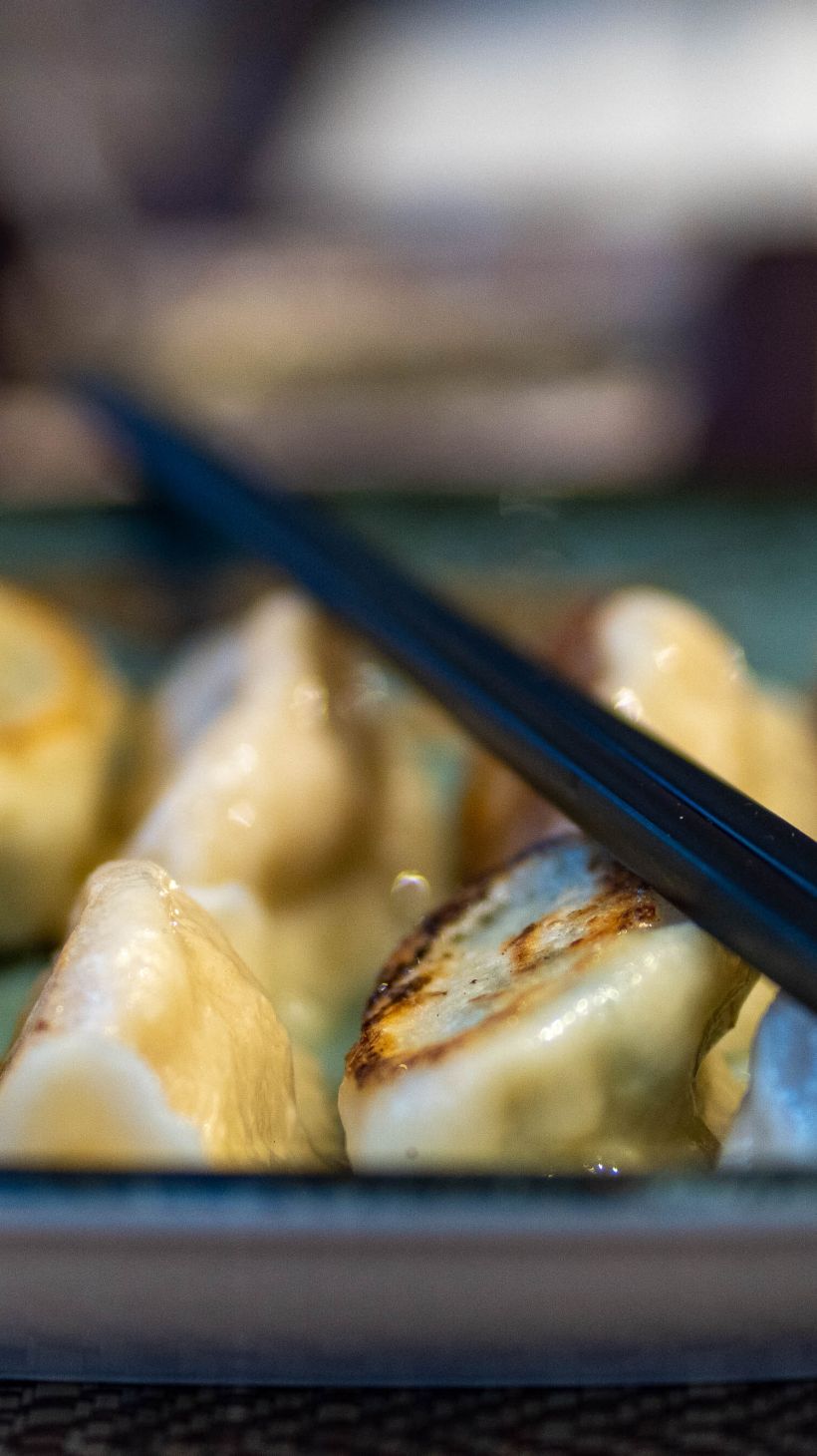 closeup of a platter of potsticker dumplings
