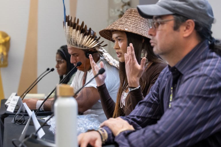Indigenous leaders at a news conference in Montreal, Canada, discuss biodiversity