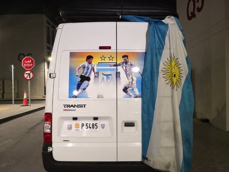 The ‘La Scolenta’ van parked in the apartment complex in Barahat Al Janoub, or Barwargento, where Argentina supporter are staying in the south of Qatar (Hafsa Adil/Al Jazeera)