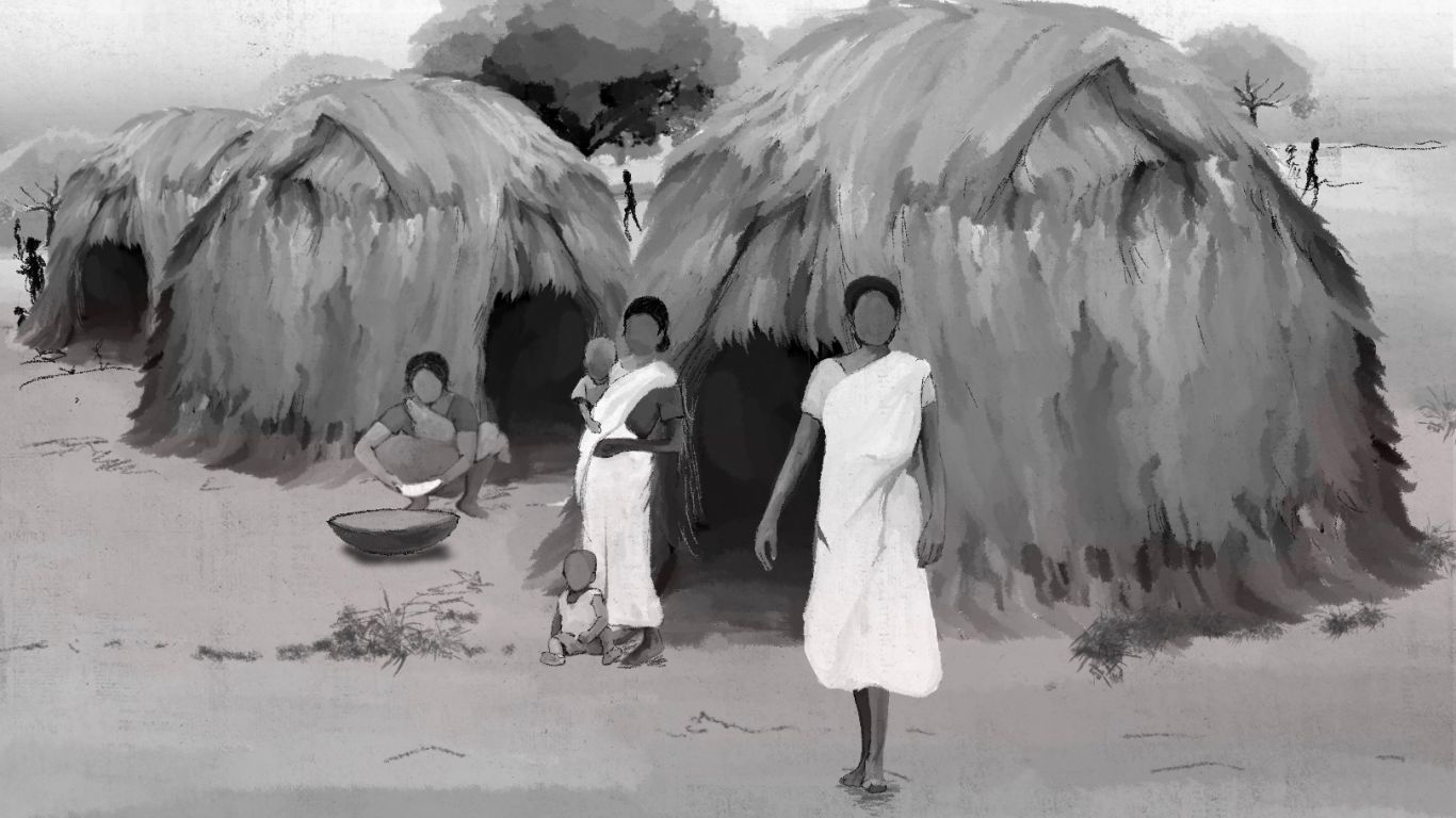An illustration of three women and a baby standing outside a hut.