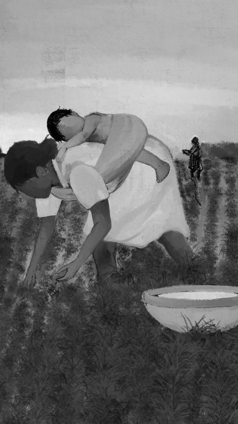An illustration of a women picking something from the fields with a baby on her back/