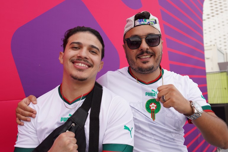 Mohammed , left, and Samir Bougharaa, Morocco fans. Canada vs Morocco, Group F, FIFA World Cup 2022, December 1, at Al Thumama Stadium. [Sorin Furcoi/Al Jazeera]