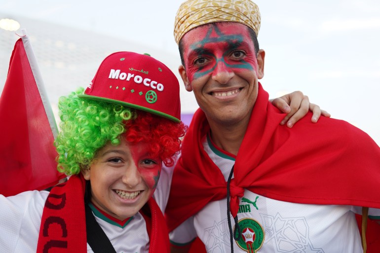 LInah, 12 , and Khalil, 42, Morocco fans. Canada vs Morocco, Group F, FIFA World Cup 2022, December 1, at Al Thumama Stadium. [Sorin Furcoi/Al Jazeera]