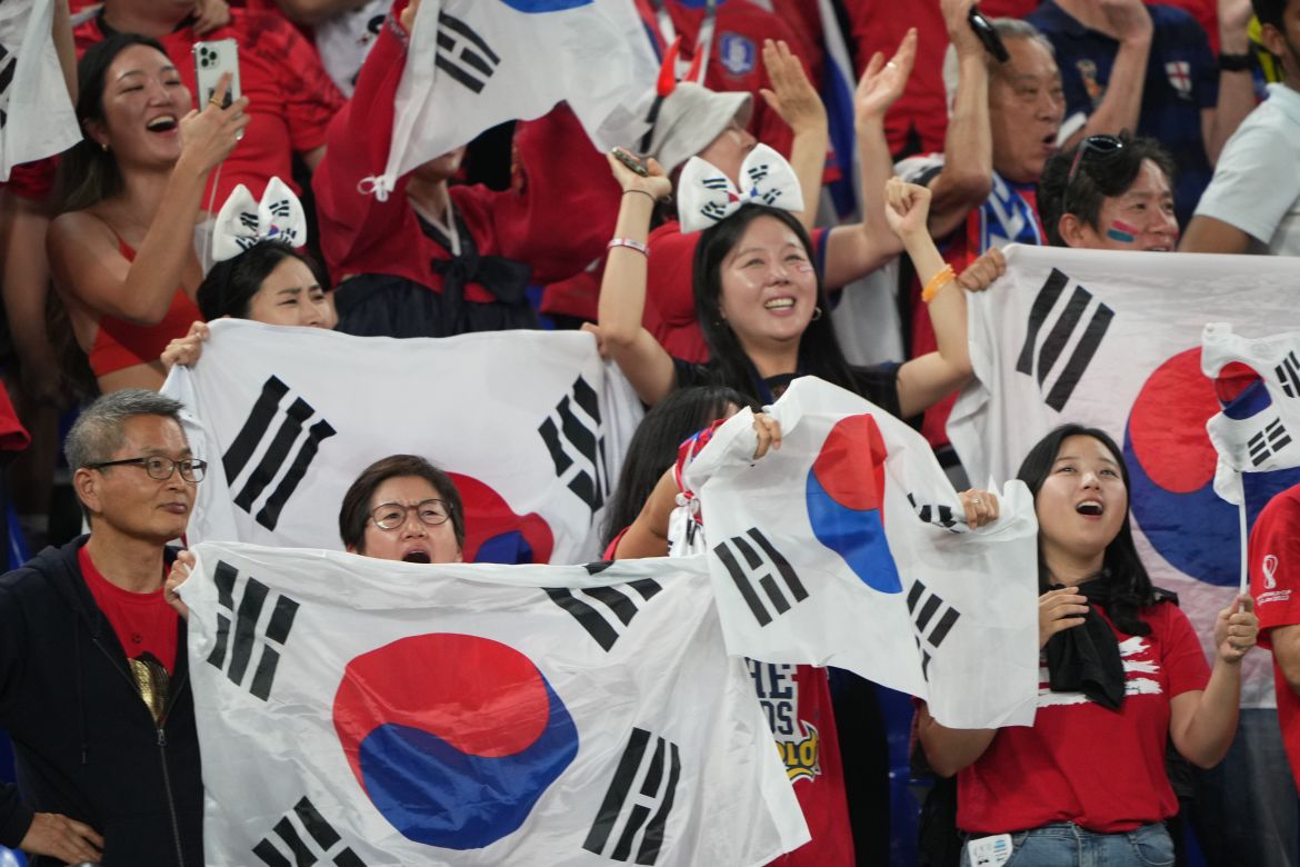 South Korea fans celebrating their side's first and only goal of the match against Brazil.