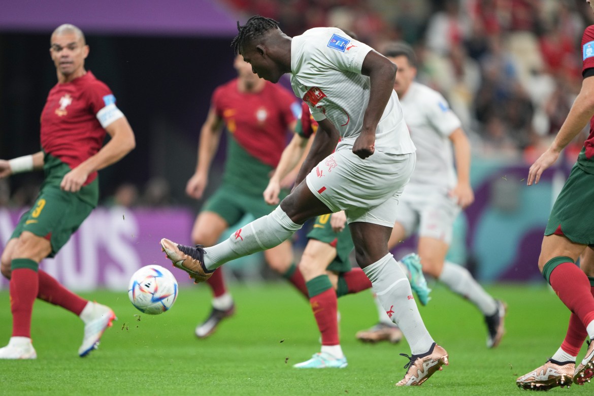 Swiss forward Breel Embolo kicks the ball during the match against Portugal.
